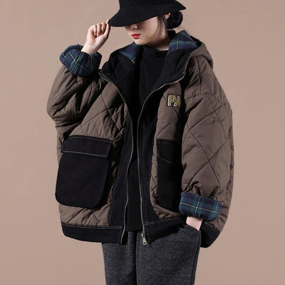 Oversize Warm Winter Coat Chocolate Hooded Patchwork Plaid Parkas for