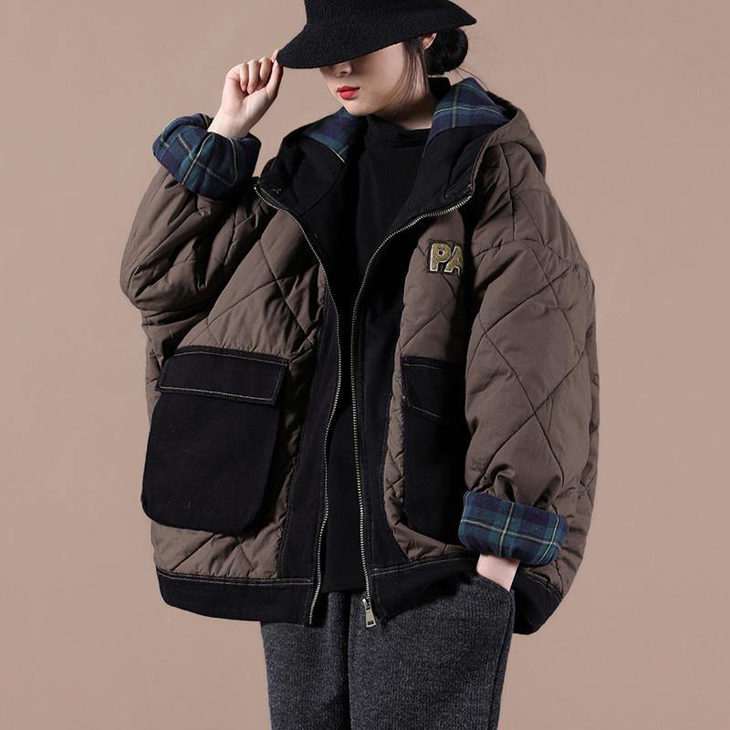Oversize Warm Winter Coat Chocolate Hooded Patchwork Plaid Parkas for