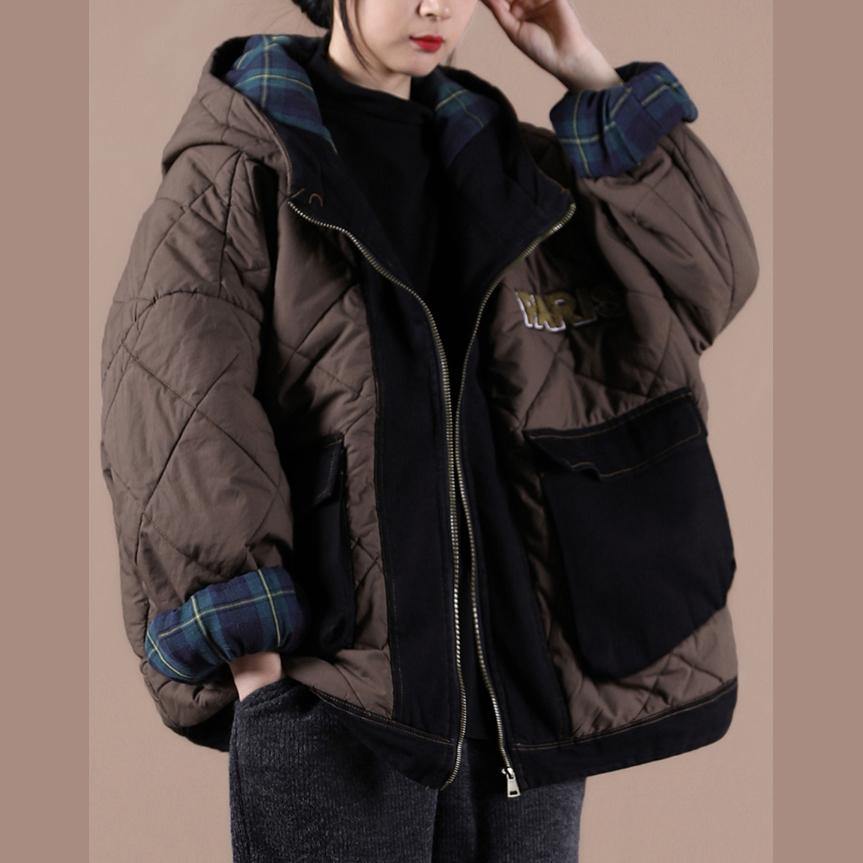Oversize Warm Winter Coat Chocolate Hooded Patchwork Plaid Parkas for