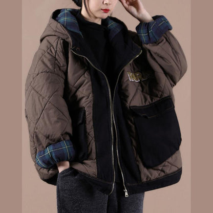 Oversize Warm Winter Coat Chocolate Hooded Patchwork Plaid Parkas for