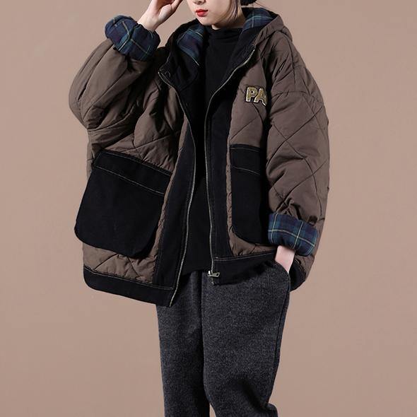 Oversize Warm Winter Coat Chocolate Hooded Patchwork Plaid Parkas for