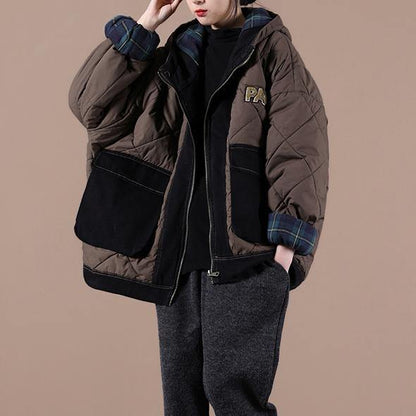 Oversize Warm Winter Coat Chocolate Hooded Patchwork Plaid Parkas for