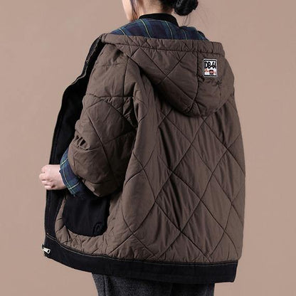 Oversize Warm Winter Coat Chocolate Hooded Patchwork Plaid Parkas for