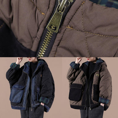 Oversize Warm Winter Coat Chocolate Hooded Patchwork Plaid Parkas for