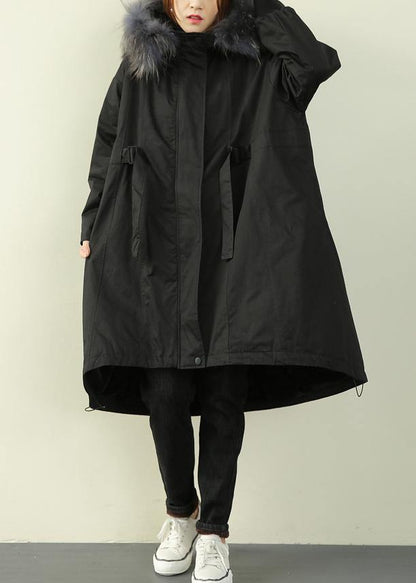 Oversized Winter Outwear Black Hooded Faux Fur Collar Winter Parkas