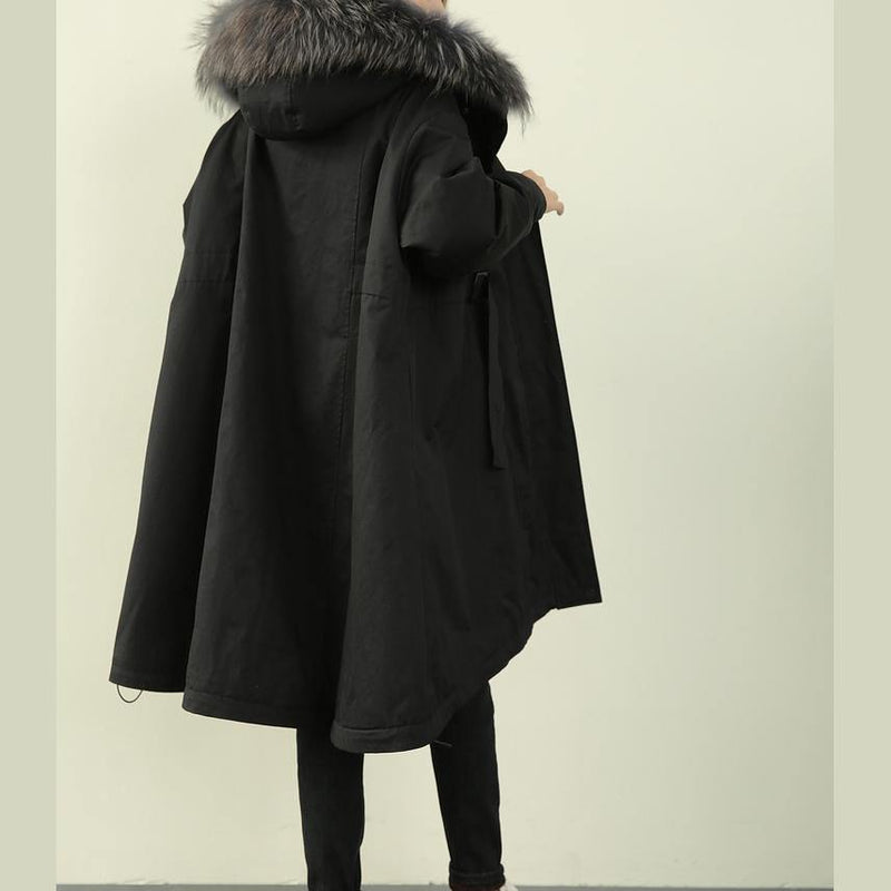 Oversized Winter Outwear Black Hooded Faux Fur Collar Winter Parkas