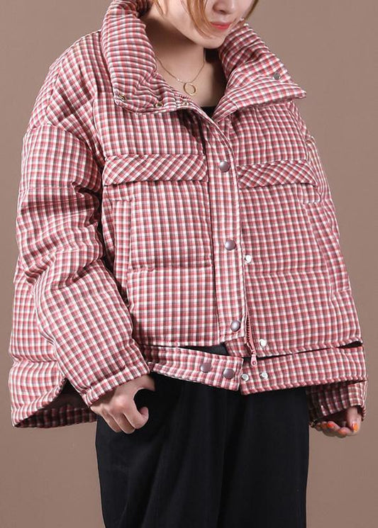 Snow Jackets Red Plaid Stand Collar Down Jacket Woman