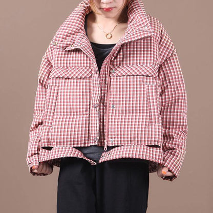 Snow Jackets Red Plaid Stand Collar Down Jacket Woman