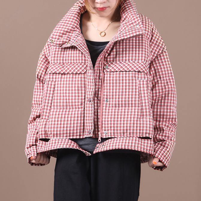Snow Jackets Red Plaid Stand Collar Down Jacket Woman