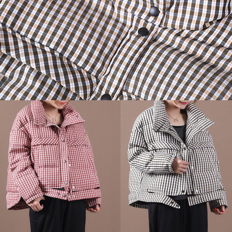Snow Jackets Red Plaid Stand Collar Down Jacket Woman