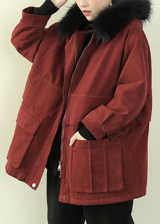 Warm Winter Coat Wintercoats Red Faux Fur Collar Outwear