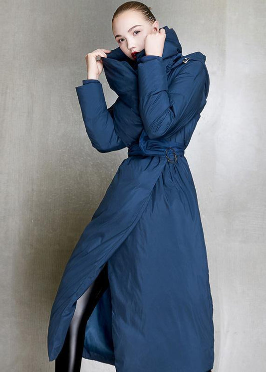 Parka Hooded Overcoat Blue Tie Waist Down Coat Winter