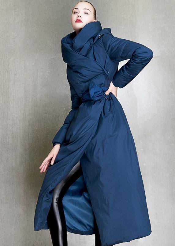 Parka Hooded Overcoat Blue Tie Waist Down Coat Winter