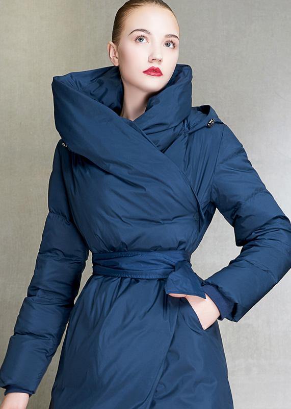 Parka Hooded Overcoat Blue Tie Waist Down Coat Winter