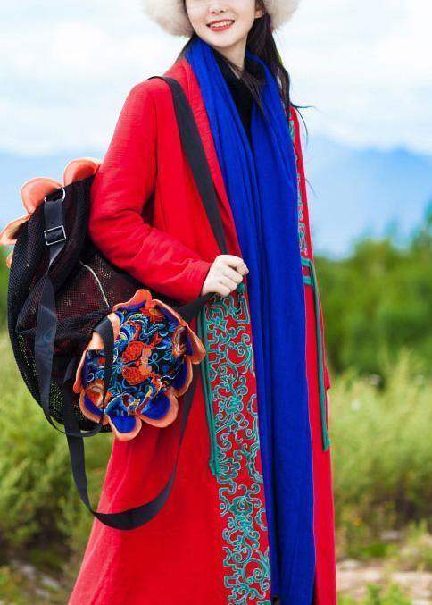 Red Coat Oversized Down Jacket Embroidery Winter Overcoat