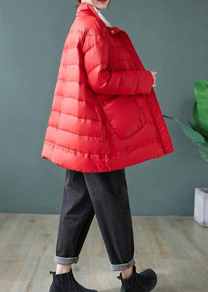 Red Down Jacket Woman Stand Collar Pockets Jackets