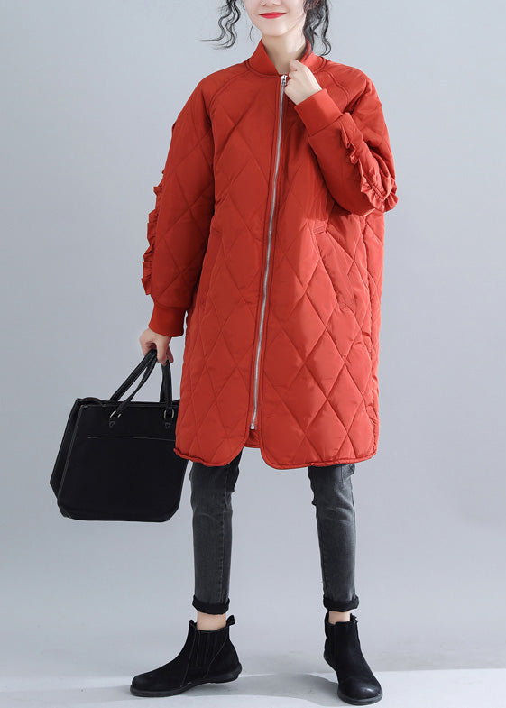 Red Parka Stand Collar Jackets & Coats Ruffles Coats