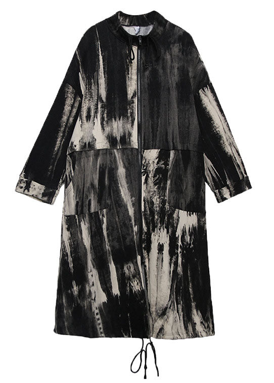 Retro Drawstring Print Pockets Fall Trench Coats