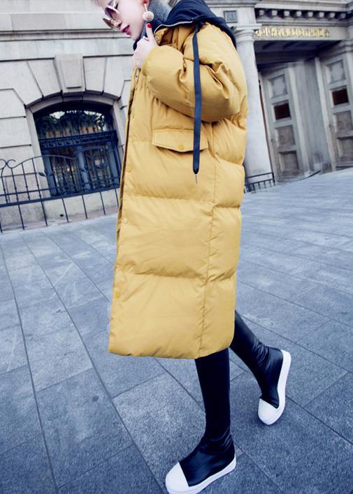 Down Jacket Overcoat Yellow Hooded Drawstring Down Jacket Woman