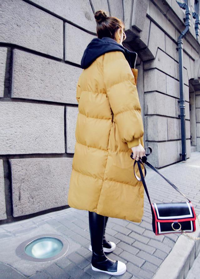Down Jacket Overcoat Yellow Hooded Drawstring Down Jacket Woman