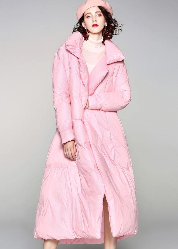 Winter Jacket Tie Waist Coats Pink Lapel Collar Warm Winter Coat