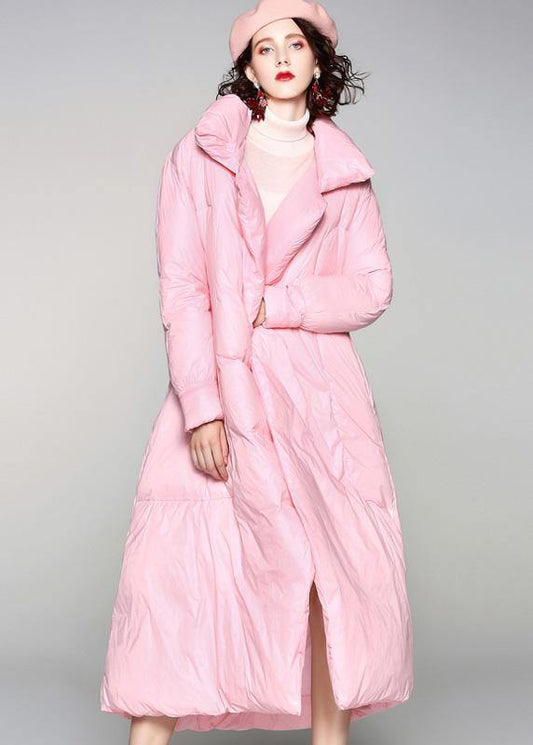 Winter Jacket Tie Waist Coats Pink Lapel Collar Warm Winter Coat