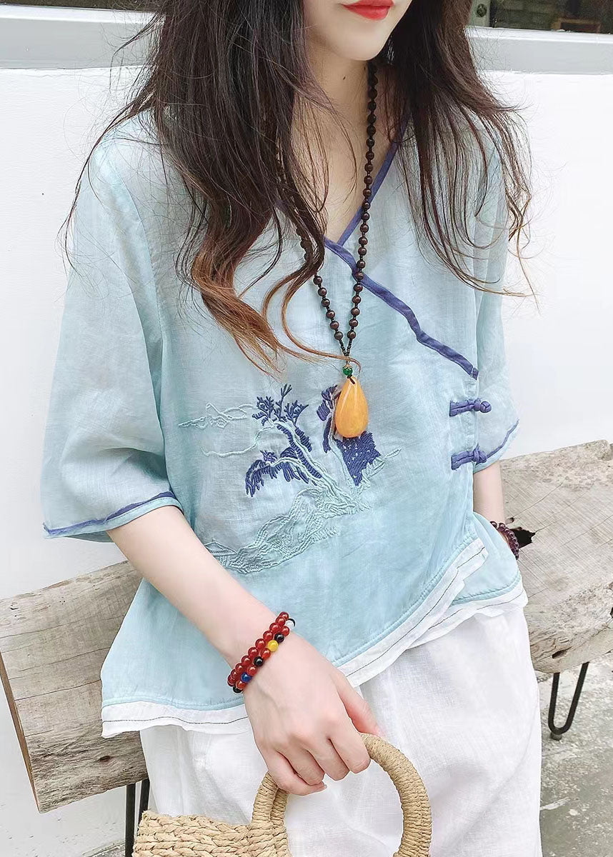 Green Asymmetrical Button Linen Tops Half Sleeve