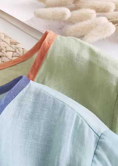 Green Asymmetrical Button Linen Tops Half Sleeve