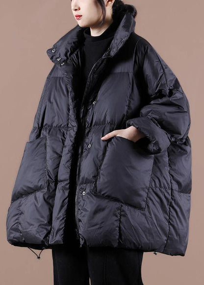Clothing Parka Jackets Black Stand Collar Large Pockets Down Coat Winter