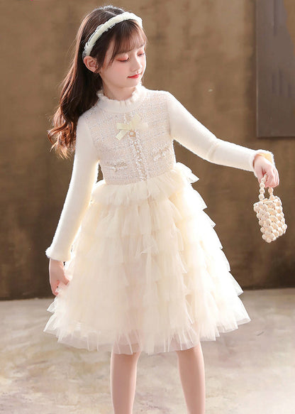 Champagne Button Knit Patchwork Tulle Mid Dresses Fall