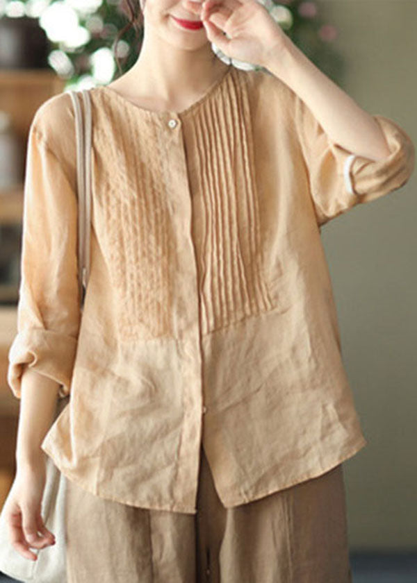 Champagne Colour Linen Shirt Tops Button Wrinkled Long Sleeve