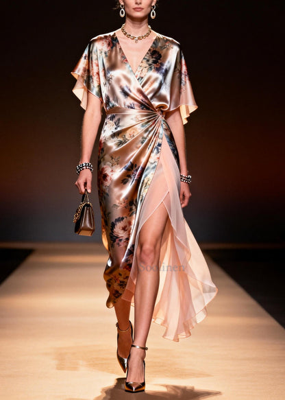 Champagne Print Patchwork Chiffon Long Dresses Side Open Summer