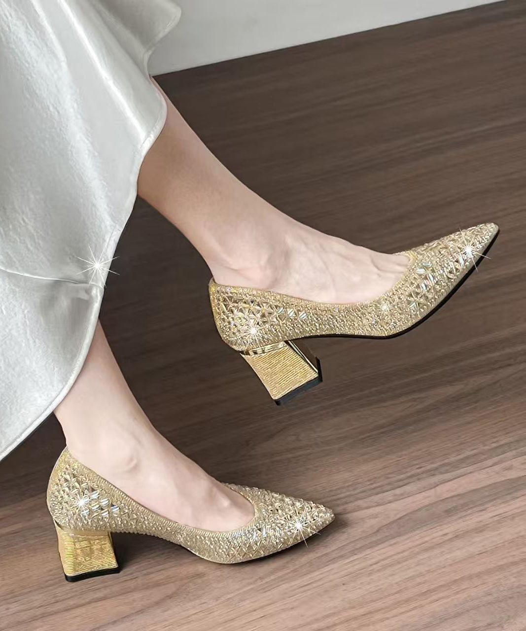 Champagne Sparkly High Heels Chunky Faux Leather Hollow Out High Heels