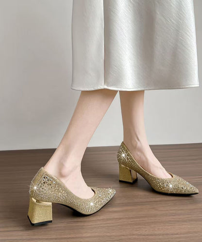 Champagne Sparkly High Heels Chunky Faux Leather Hollow Out High Heels