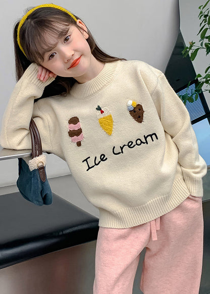 Apricot Applique Thick Cotton Knit Kids Sweaters Spring
