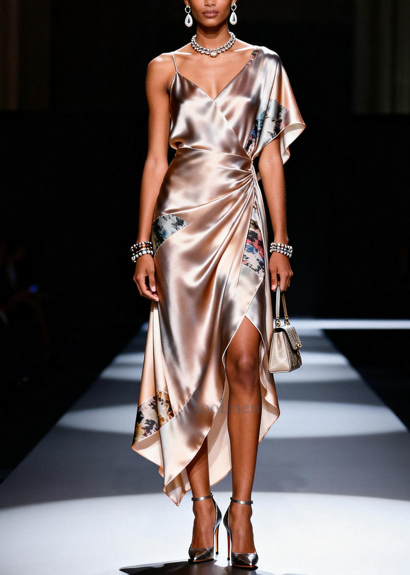 Apricot Asymmetrical Patchwork Silk Sundress Summer