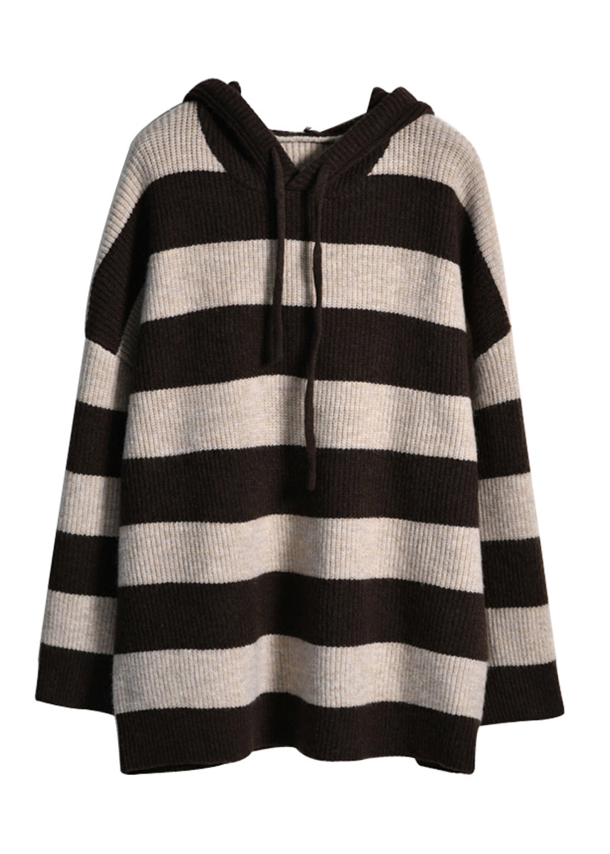 Apricot Coffee Colour Striped Patchwork Drawstring Cotton Knit Hooded Sweaters Fall