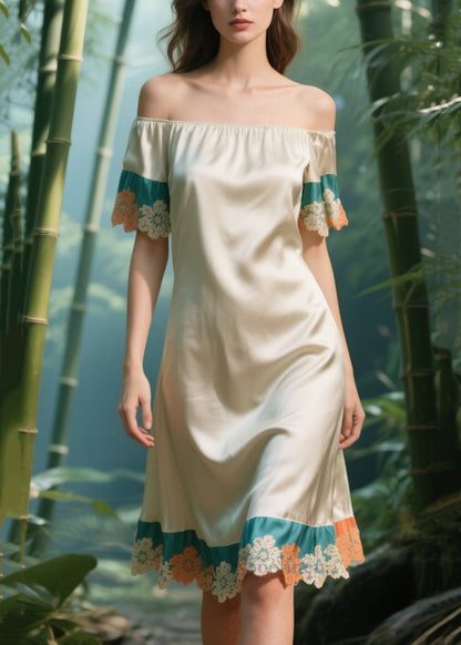 Apricot Cold Shoulder Patchwork Silk Strapless Dress Summer