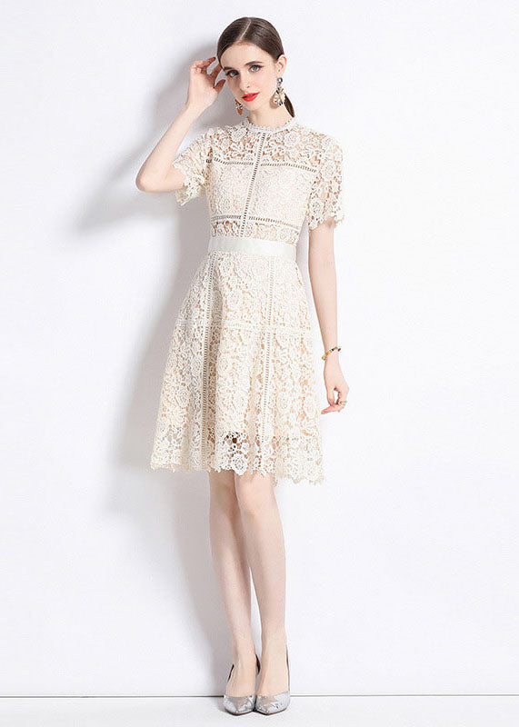 Apricot Embroideried Hollow Out Patchwork Lace Mid Dress Summer