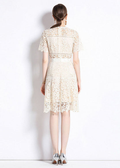 Apricot Embroideried Hollow Out Patchwork Lace Mid Dress Summer