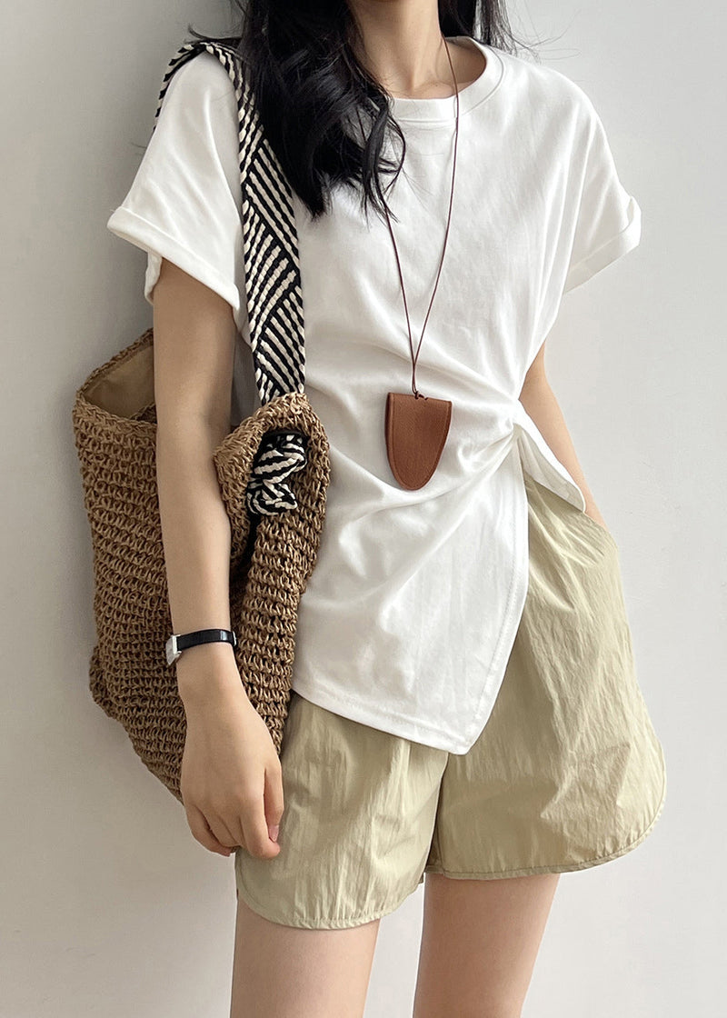 Apricot O Neck Asymmetrical Design Cotton T Shirt Summer