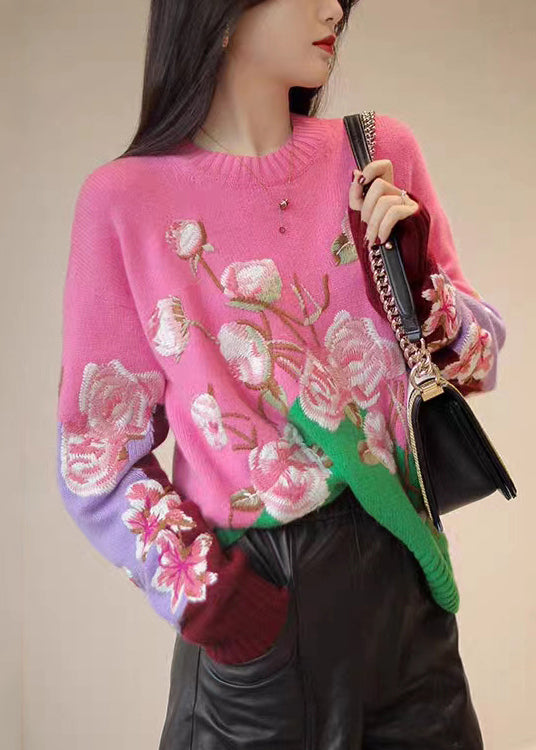 Apricot O-neck Embroidered Patchwork Woolen Top Fall