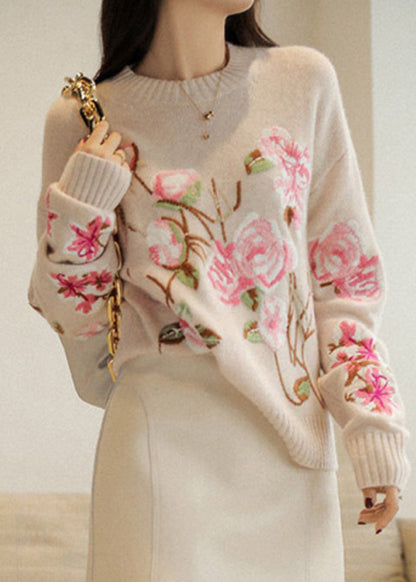 Apricot O-neck Embroidered Patchwork Woolen Top Fall