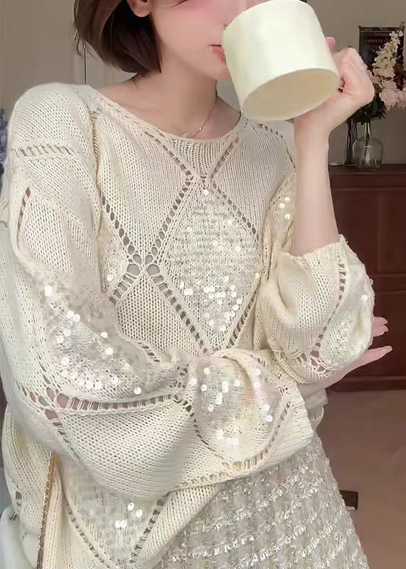 Apricot O Neck Hollow Out Sequins Knit Sweater Fall
