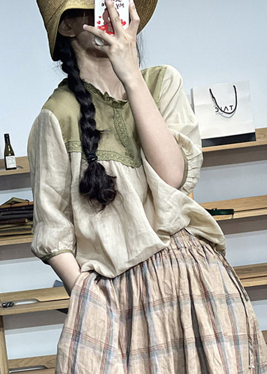 Apricot O-neck Lace Patchwork Linen Top Half Sleeve