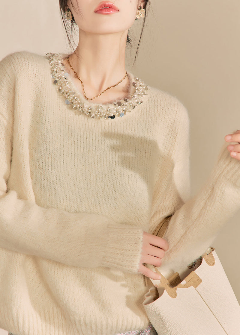 Apricot O Neck Nail Bead Woolen Sweater Tops Spring