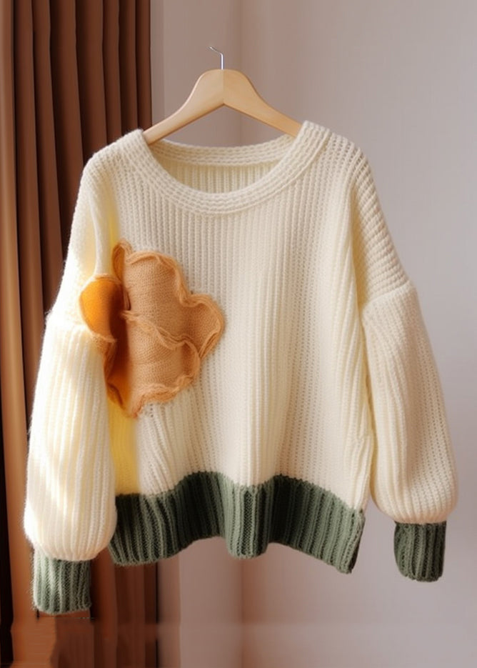 Apricot O Neck Patchwork Knit Sweater Fall