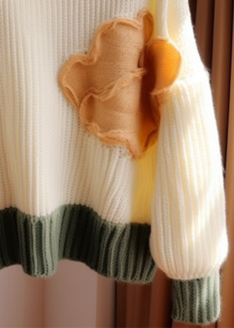 Apricot O Neck Patchwork Knit Sweater Fall