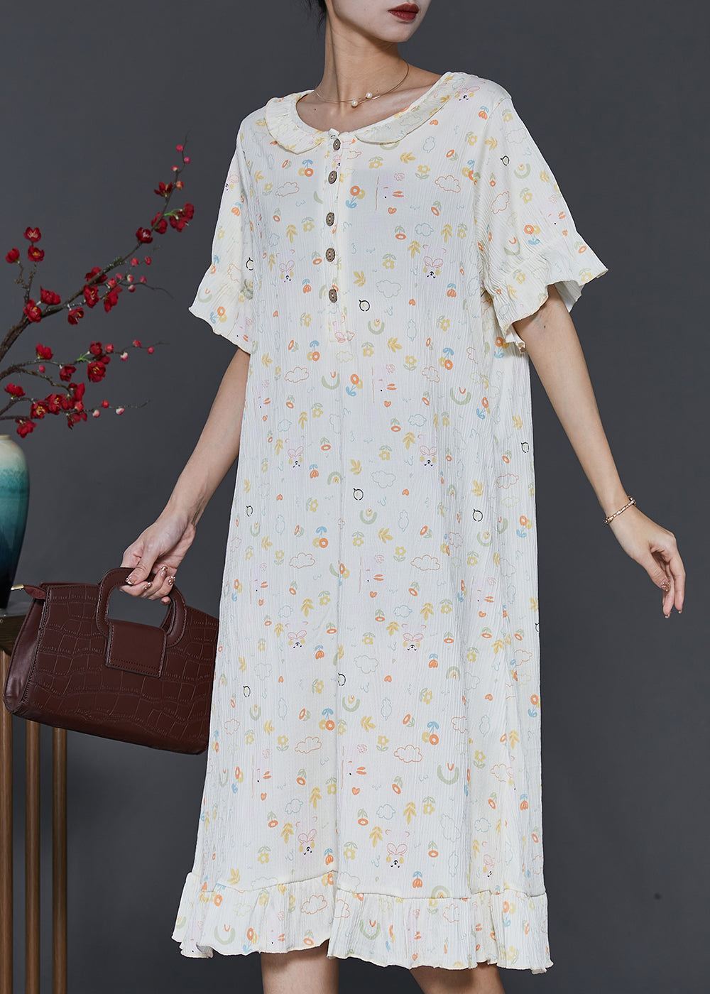 Apricot O-neck Print Cotton Robe Dresses Summer
