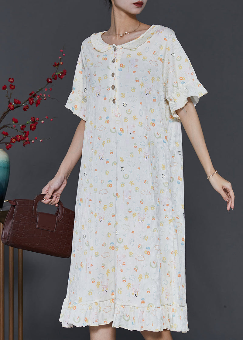 Apricot O-neck Print Cotton Robe Dresses Summer